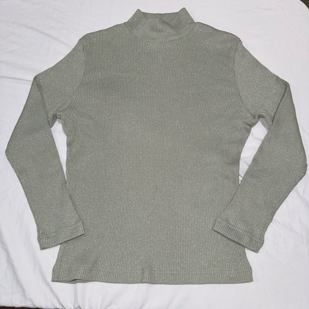 Carolyn Taylor size medium Olive green sparkle mock neck Ribbed Knit Top